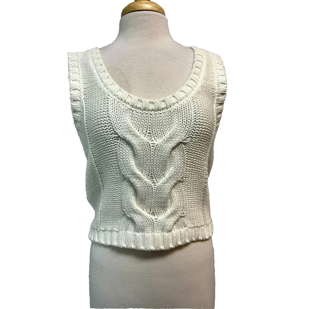 STAUD Knitted Vest‎ Ivory Cotton Yarn Cable Pattern Front Back Scoop Neck SZ L